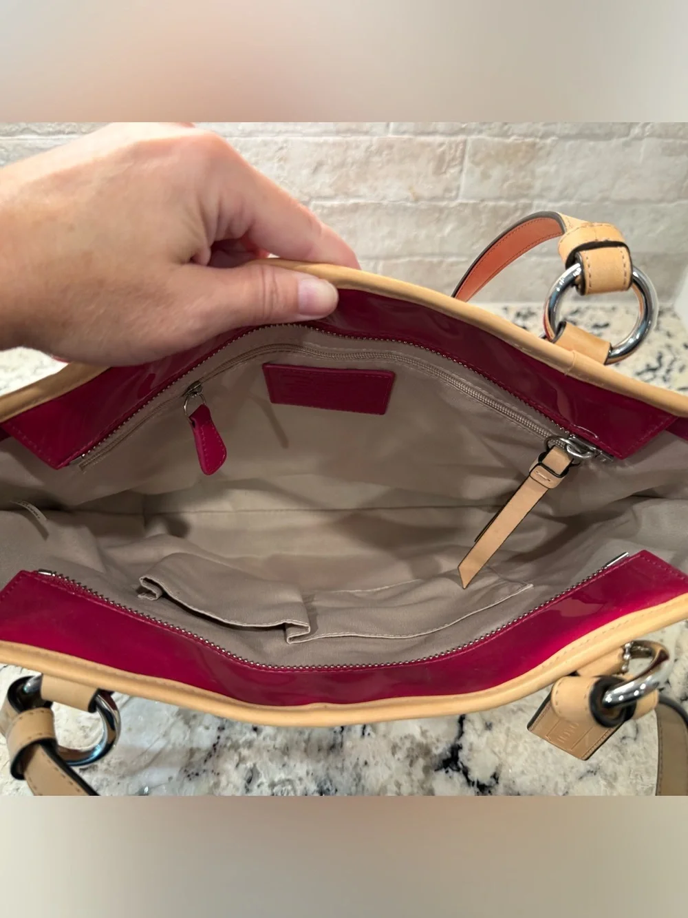 Coach EUC Raspberry Patent Leather Tote with Tan Leather Trim